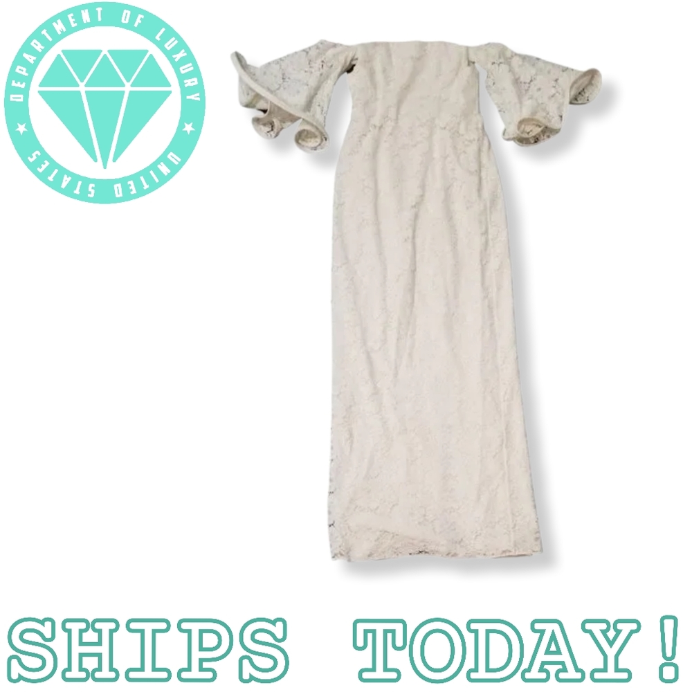 NWT HOUGHTON NYC Gamila Gown Guipure Lace Ivory White Off-Shoulder 1970s Angelic